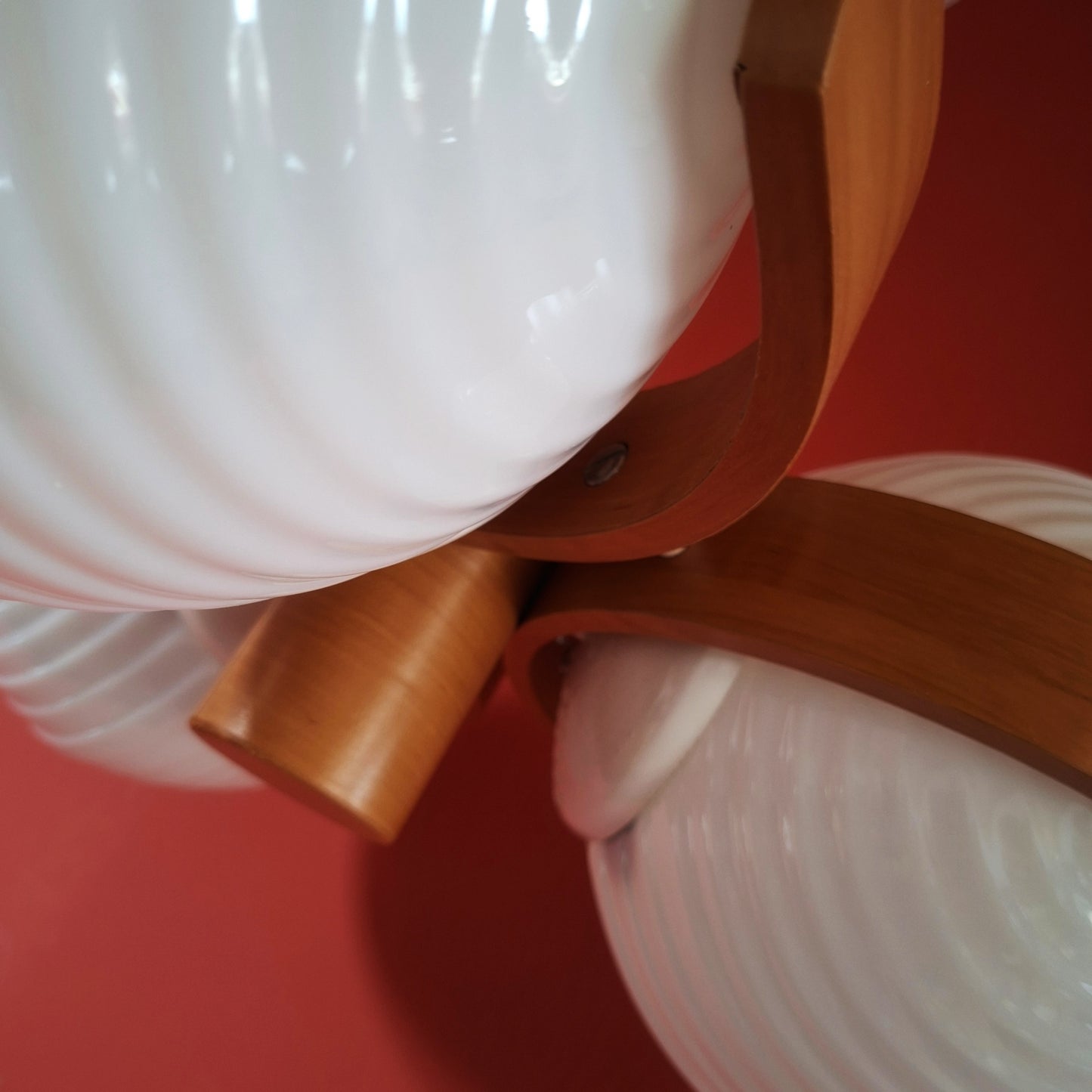 Large Sputnik Wood Pendant Ceiling Light with Opaline Milk Glass Globes