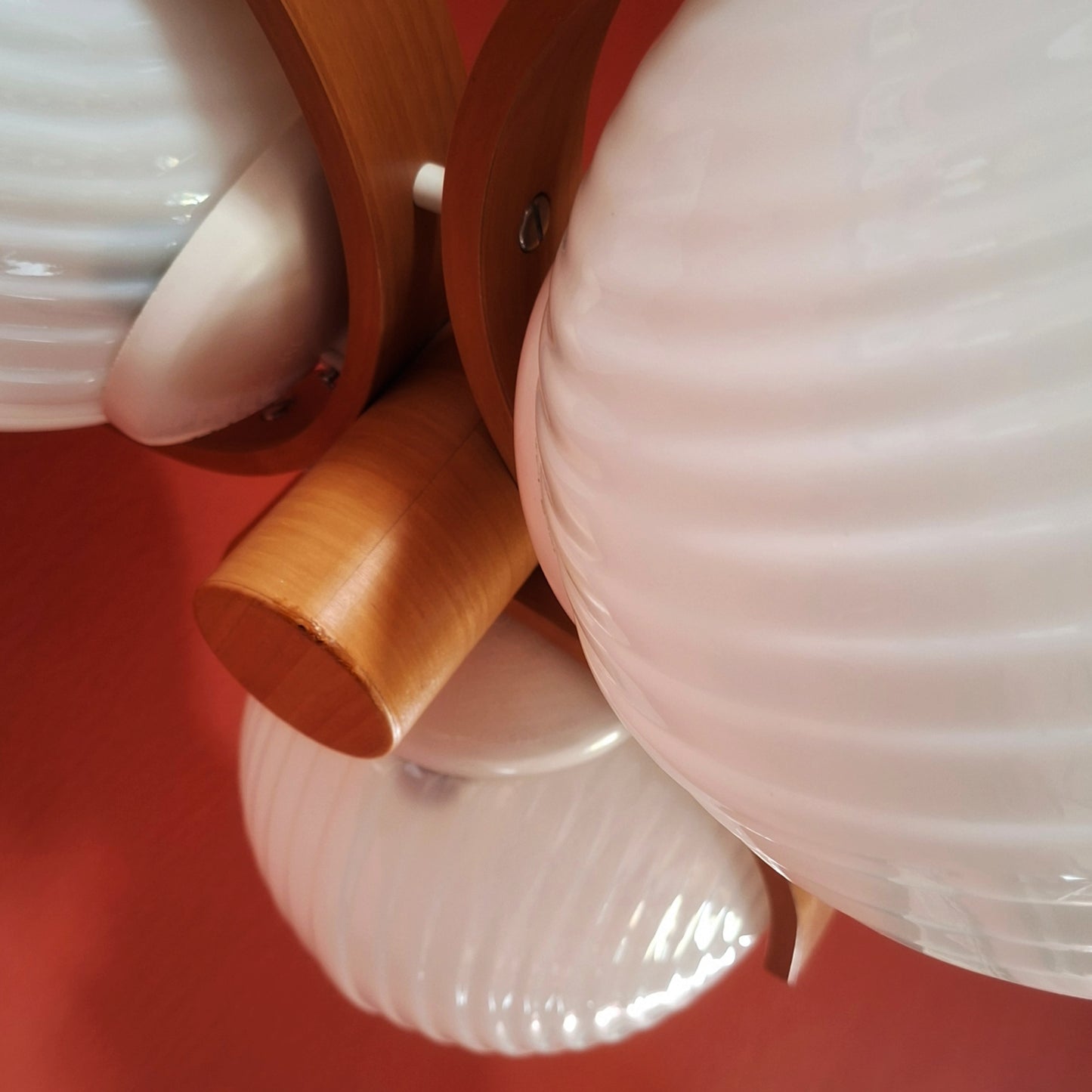 Large Sputnik Wood Pendant Ceiling Light with Opaline Milk Glass Globes