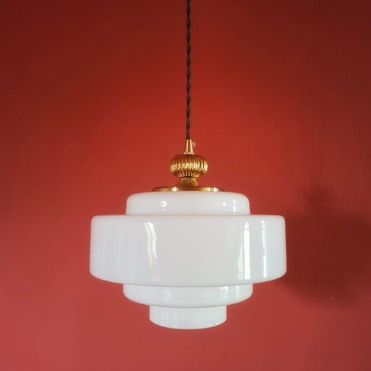 Mid Century Brass Opaline Glass Pendant Light