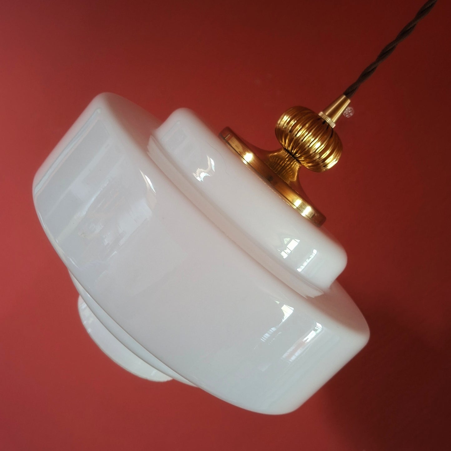 Mid Century Brass Opaline Glass Pendant Light