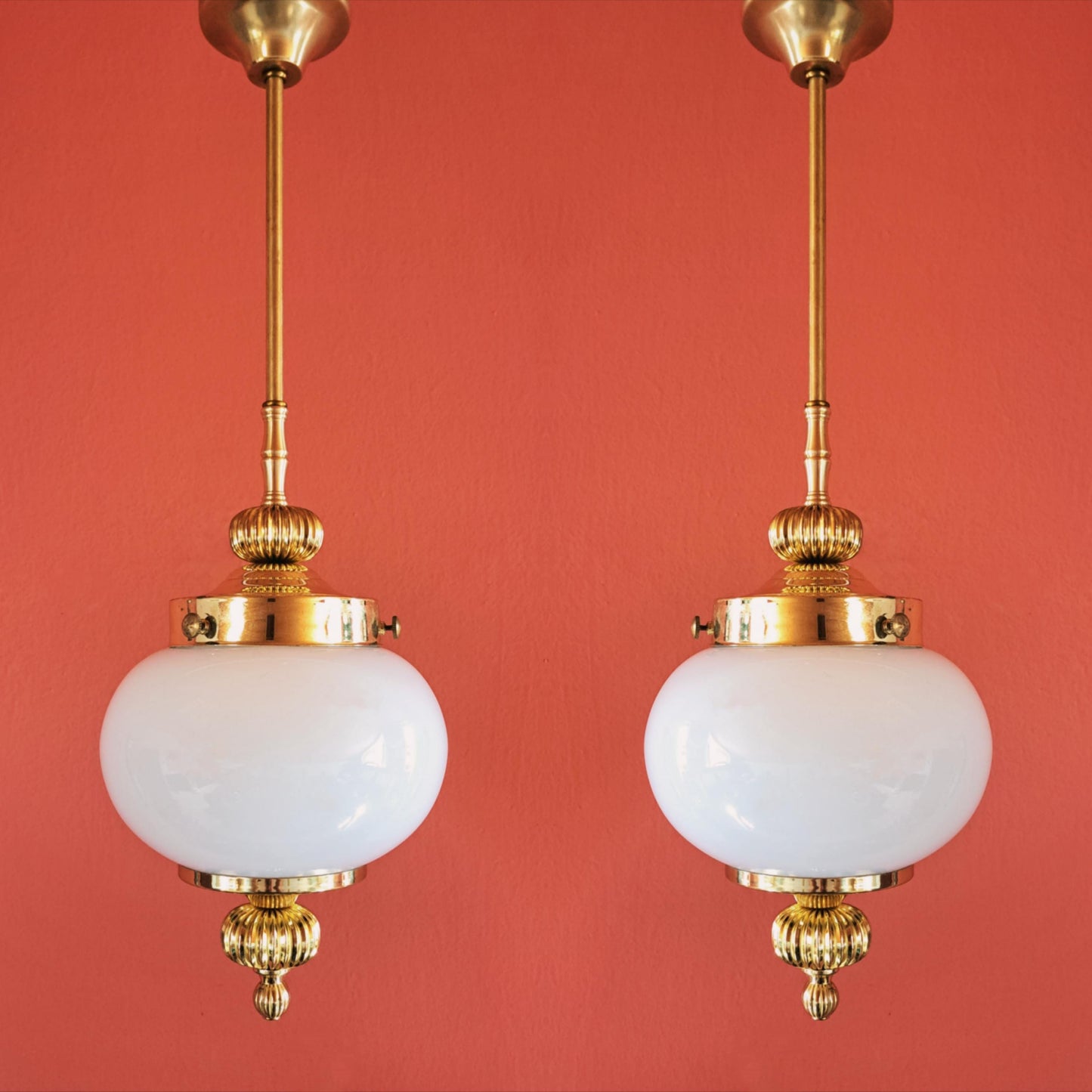Mid Century Opaline Glass Viennese Brass Pendant Lights MULTIPLES AVAILABLE