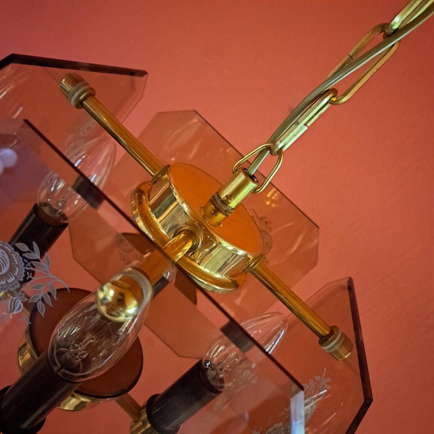 Mid Century Brass Bohemian Smoke Glass Panel Light