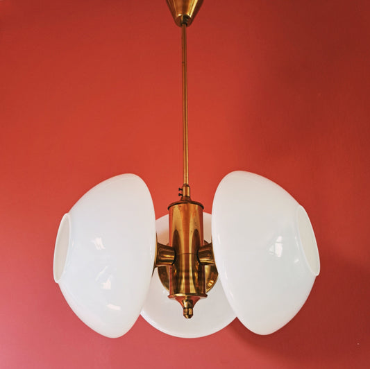 Vintage Brass Opaline Glass Sputnik Chandelier Pendant Light
