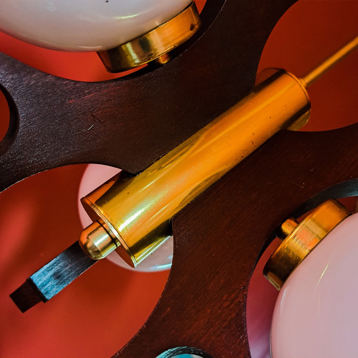 Vintage Opaline Glass Sputnik Chandelier: 1970s Scandinavian Wood & Brass