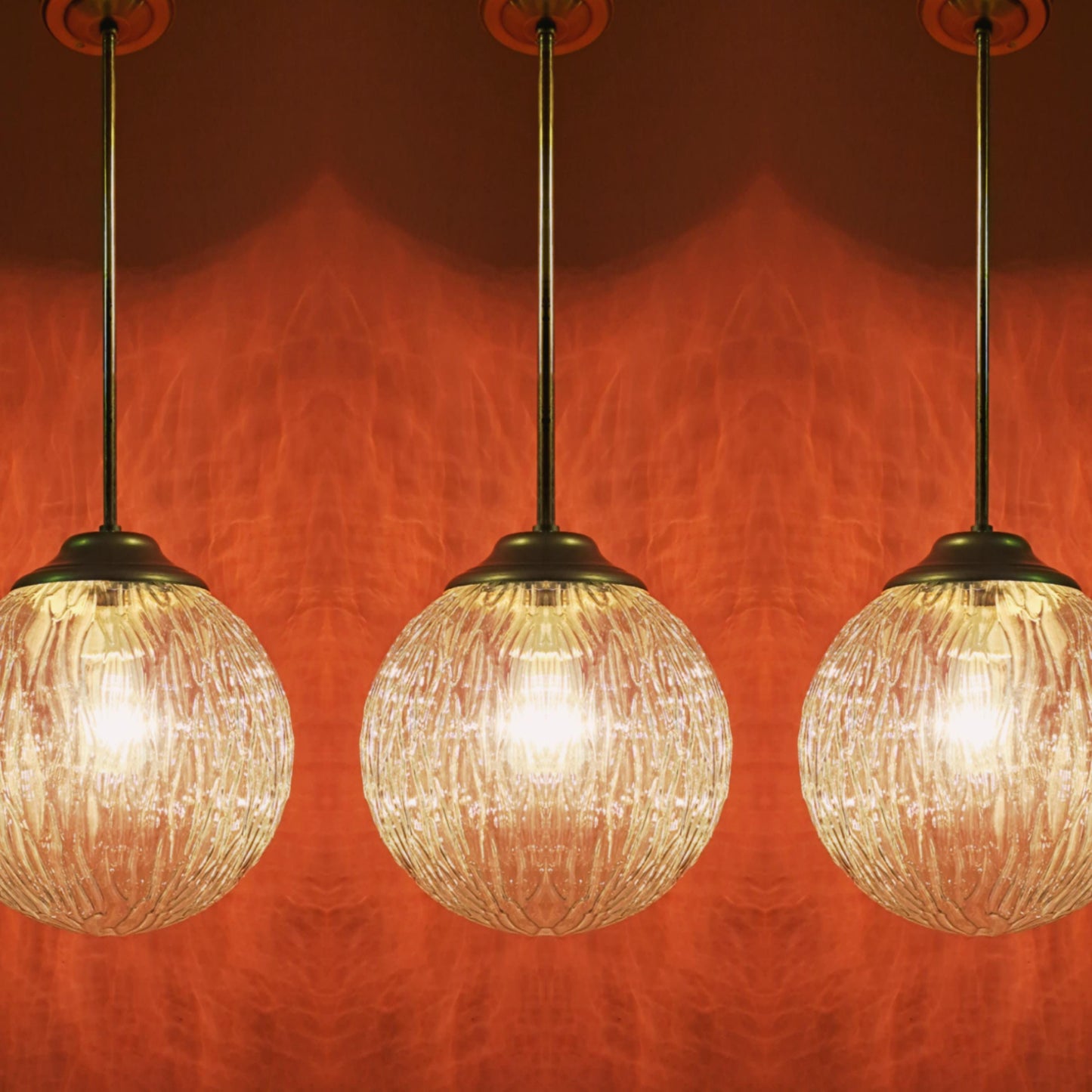 3 x Mid Century Glass Brass Globe Pendant Lights