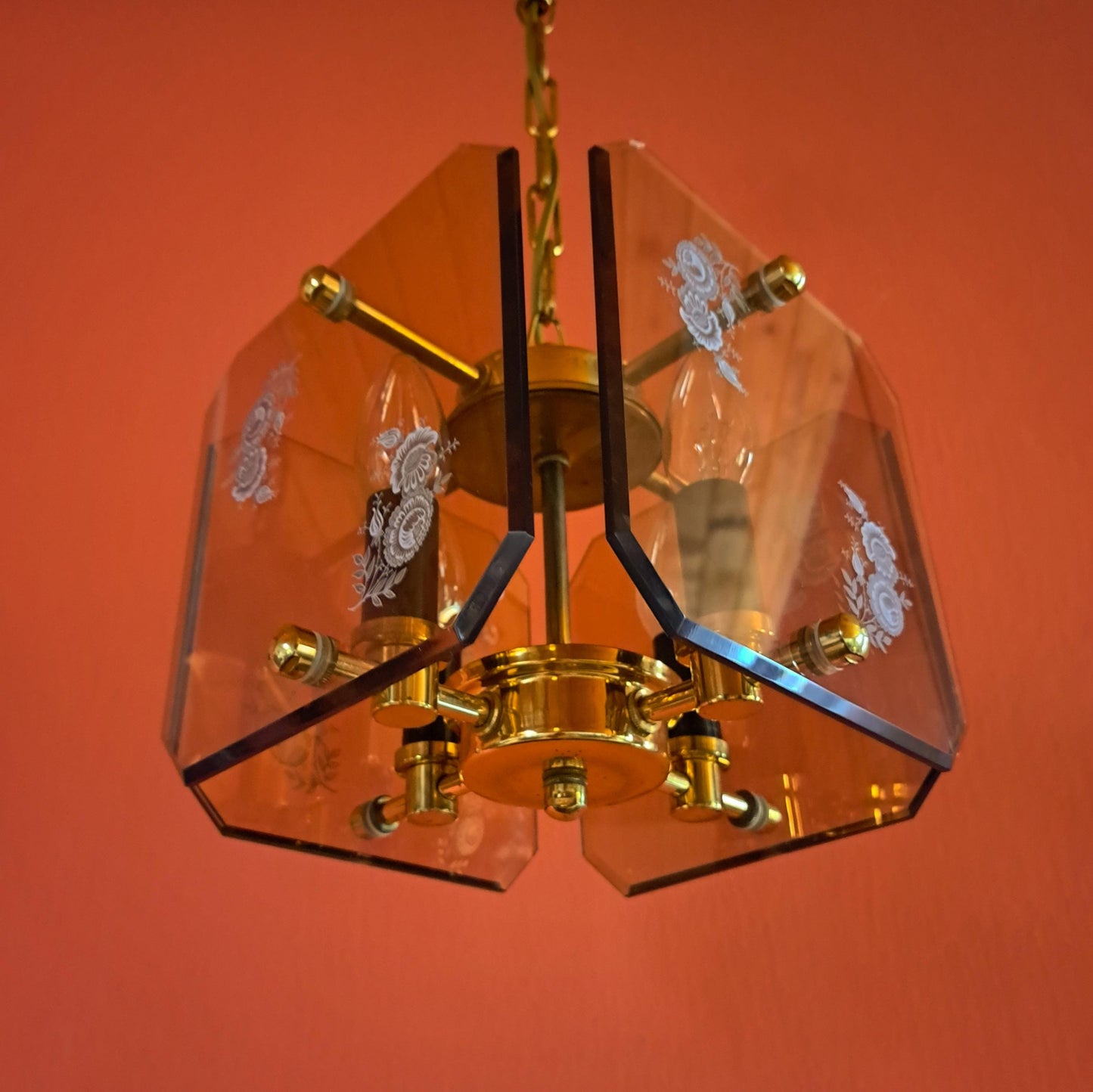 Mid Century Brass Bohemian Smoke Glass Panel Light