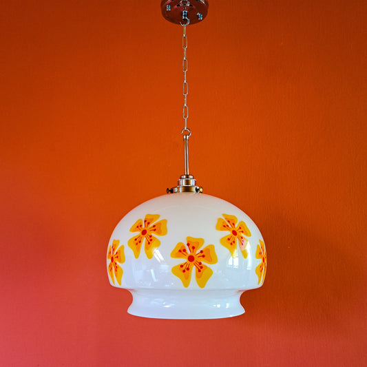 Vintage Floral Opaline Glass Pendant Light - Mid Century Czech Lighting