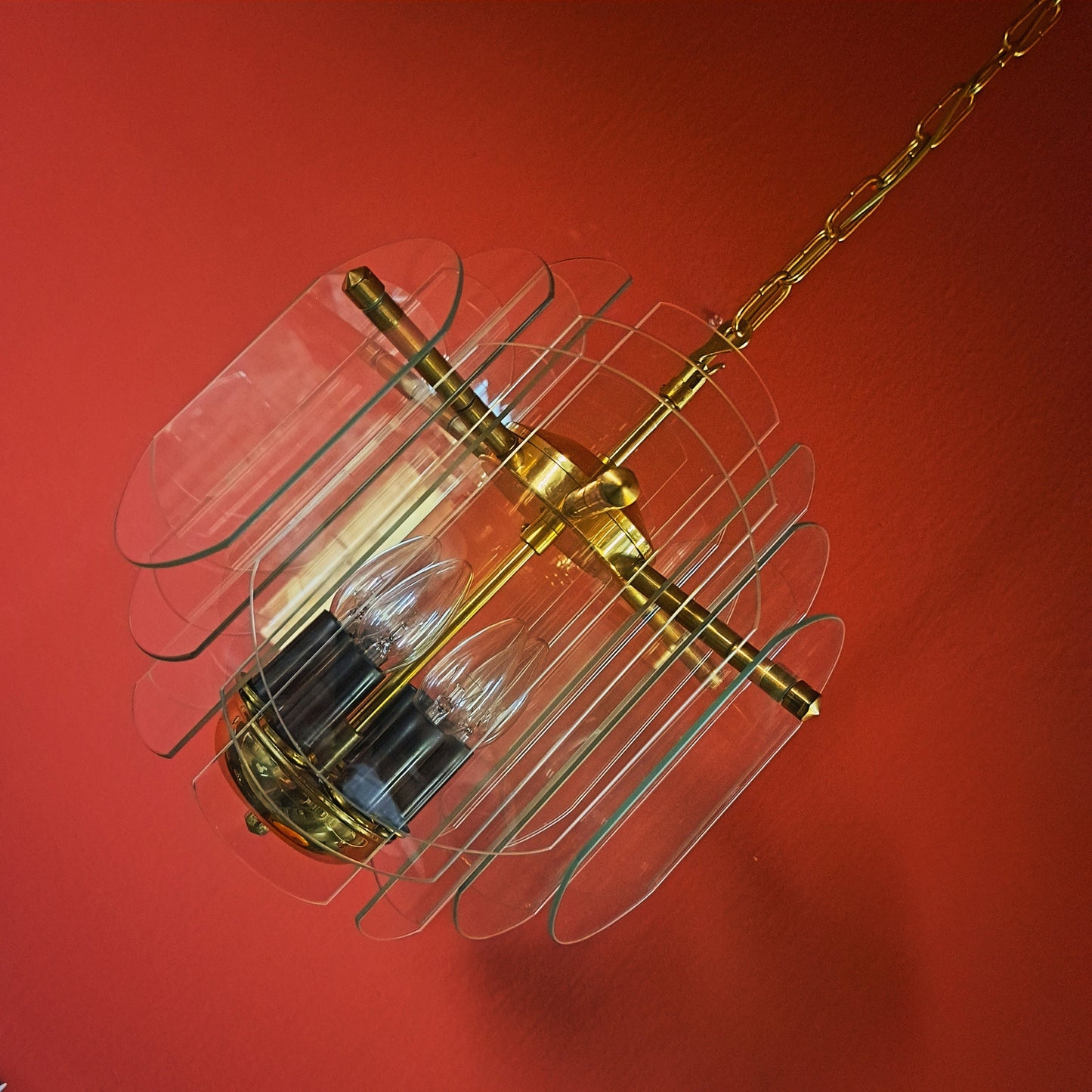 Mid Century Brass & Glass Panel Chandeliers MULTIPLES AVAILABLE