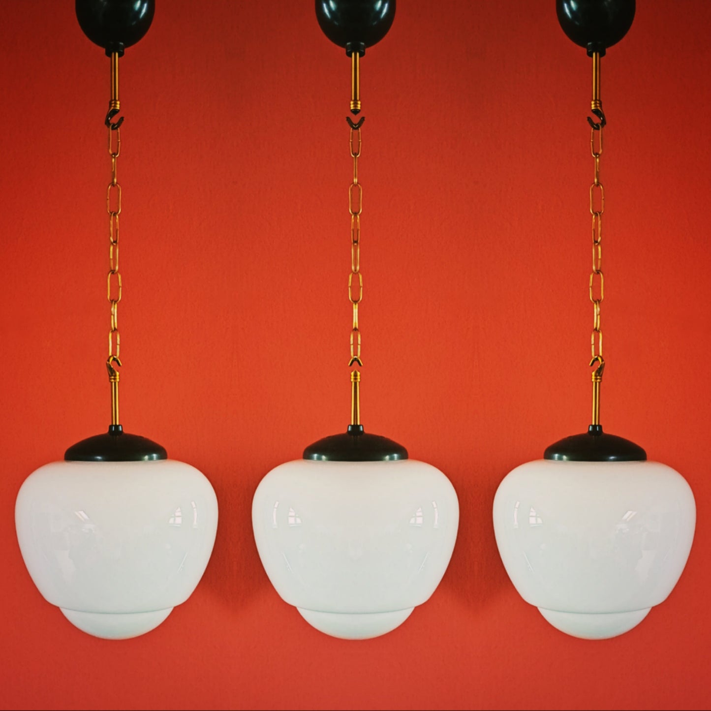 Vintage 1960s Opaline Milk Glass Brass Pendant Lights MULTIPLES AVAILABLE