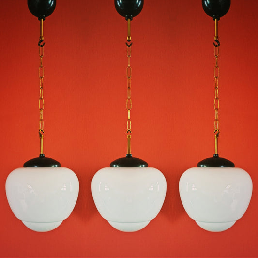 Vintage 1960s Opaline Milk Glass Brass Pendant Lights MULTIPLES AVAILABLE