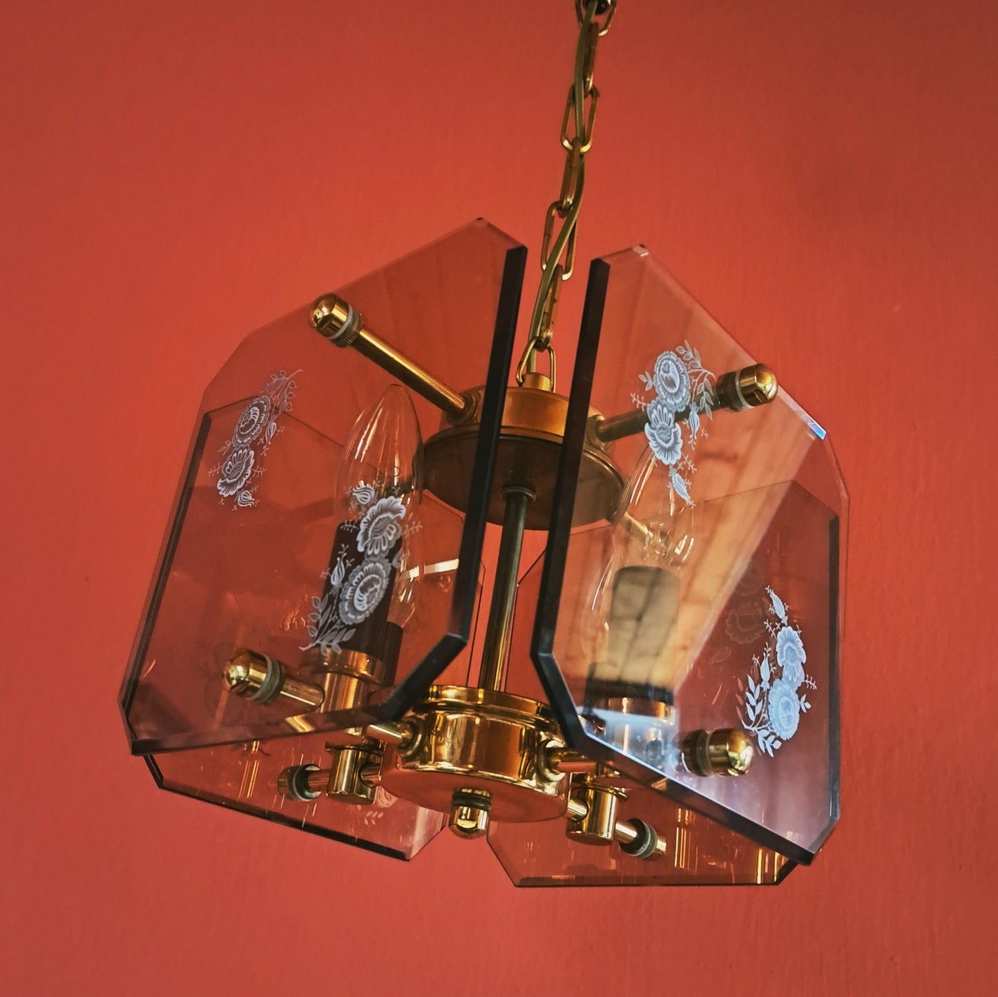 Mid Century Brass Bohemian Smoke Glass Panel Light