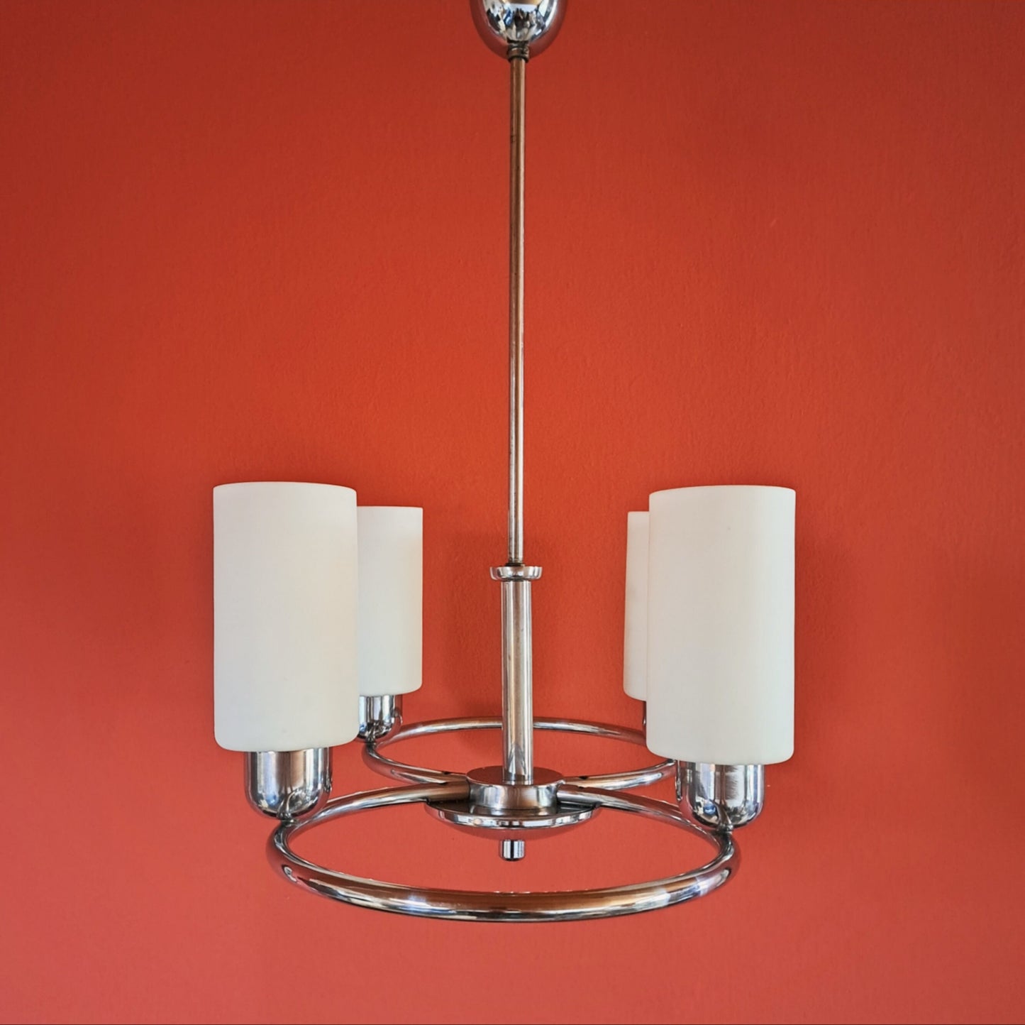 Large 1940s Art Deco Chrome Chandelier w/ Opaline Glass Shades