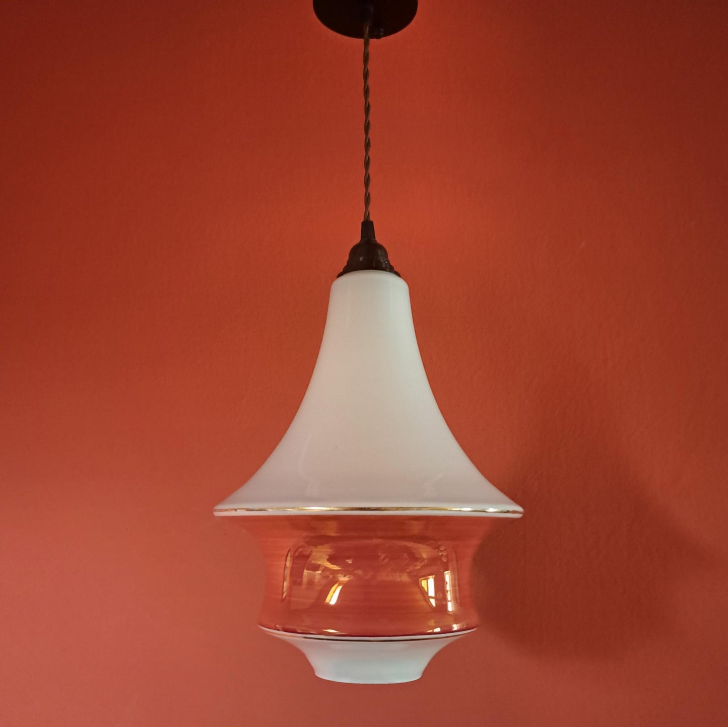 Vintage Pagoda Red & White Opaline Glass Pendant Light