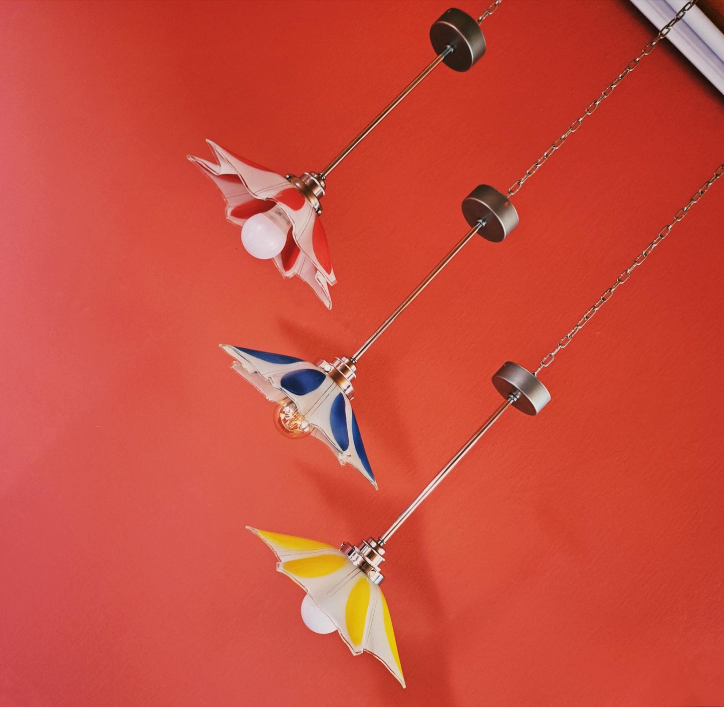 1960s Flower Glass Pendant Lights Red Yellow & Blue