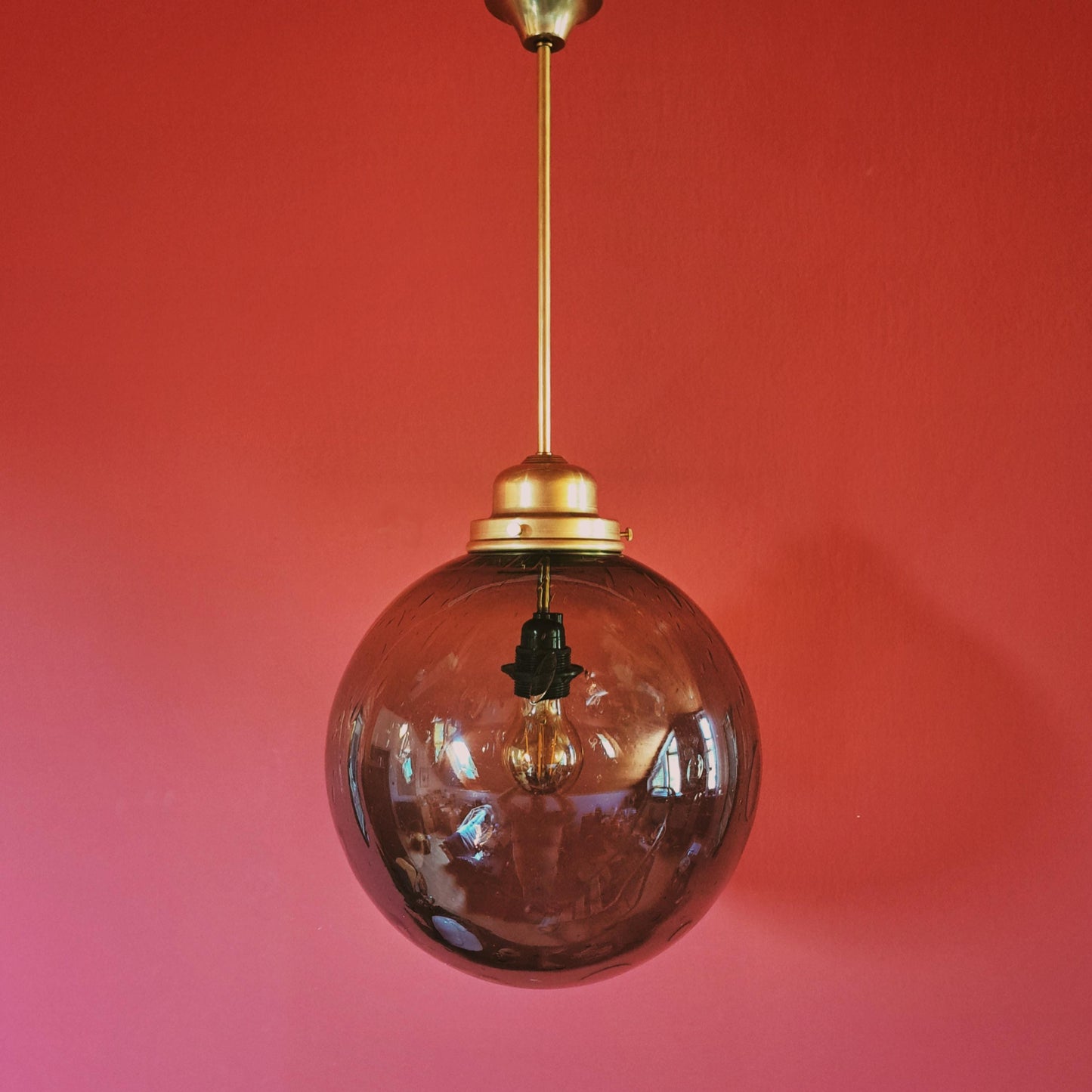 Vintage Dark Glass Globe Pendant Light w/ Brass Fittings