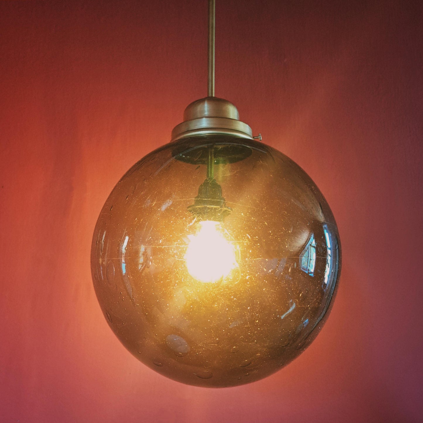 Vintage Dark Glass Globe Pendant Light w/ Brass Fittings