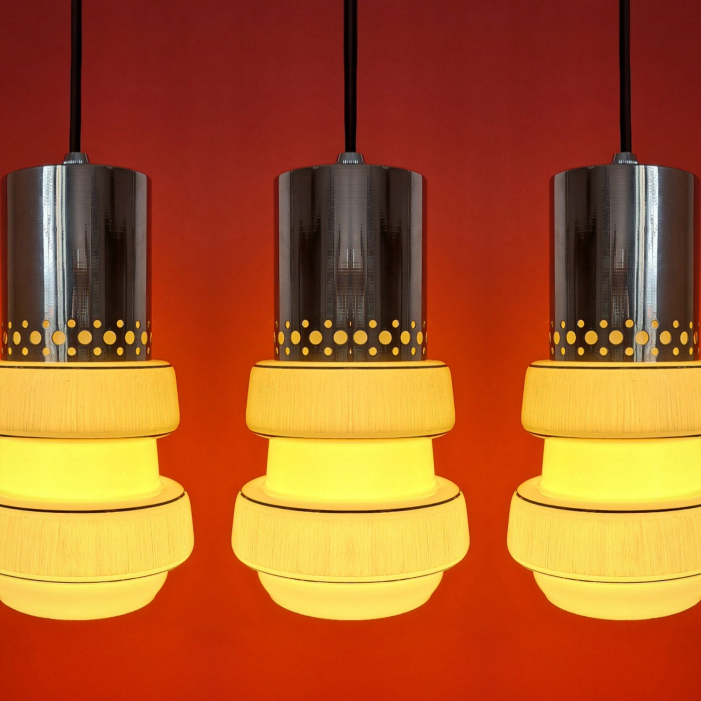 Set of 3 Mid Century Striped Opaline Glass Pendant Lights