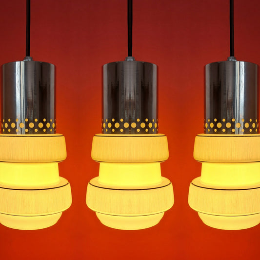 Set of 3 Mid Century Striped Opaline Glass Pendant Lights