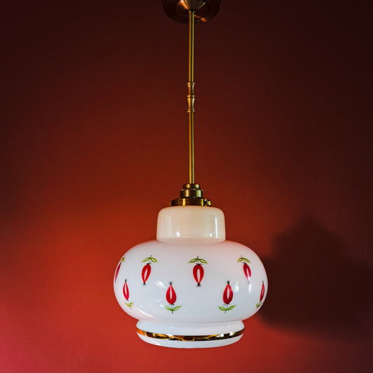 Vintage Opaline Glass Pendant Light: Rose Hip Floral Lampshade