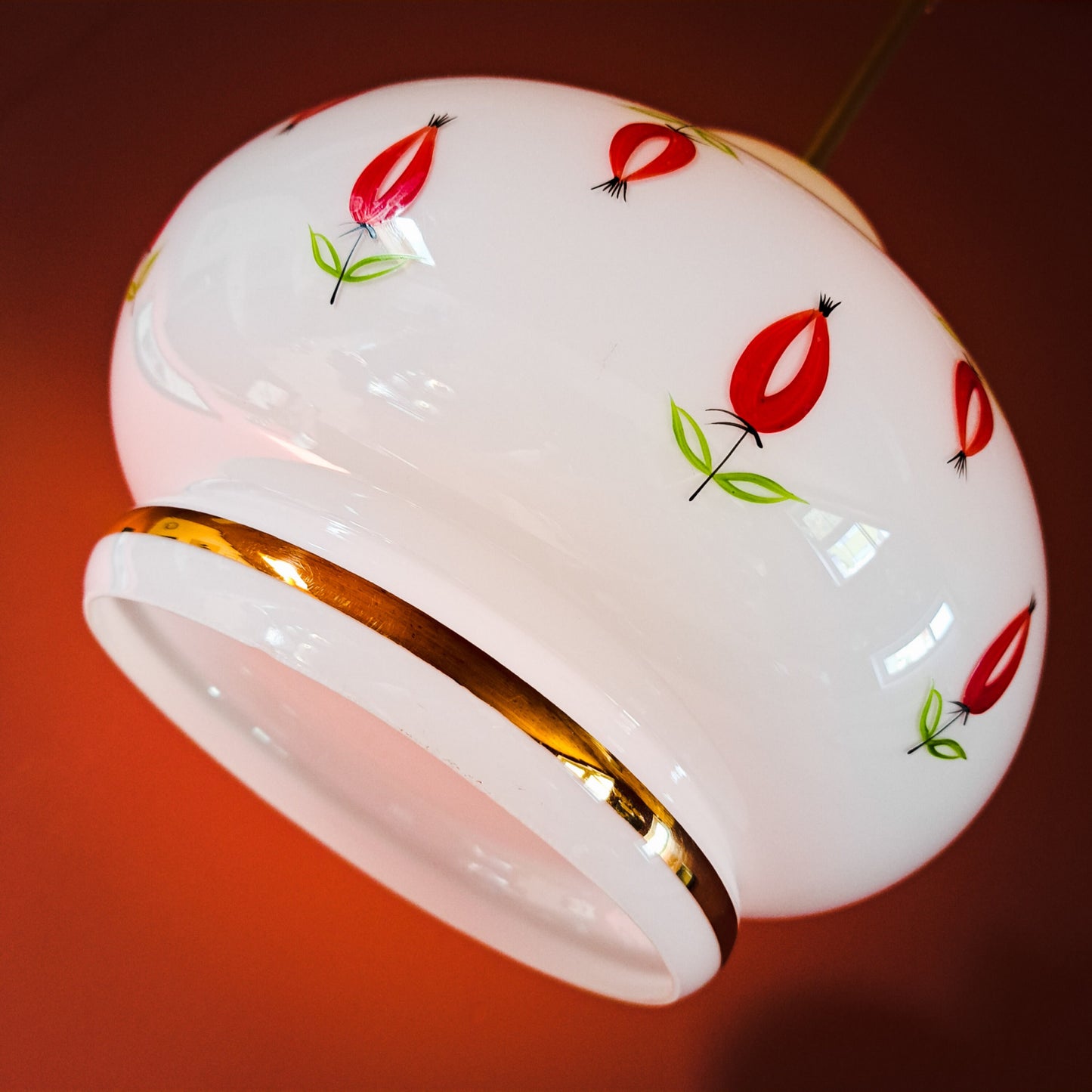 Vintage Opaline Glass Pendant Light: Rose Hip Floral Lampshade