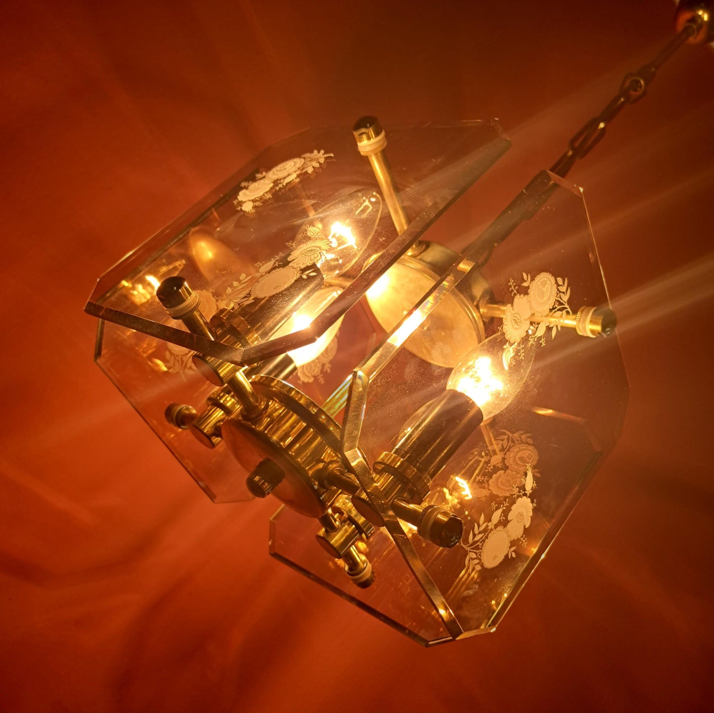 Mid Century Brass Bohemian Smoke Glass Panel Light