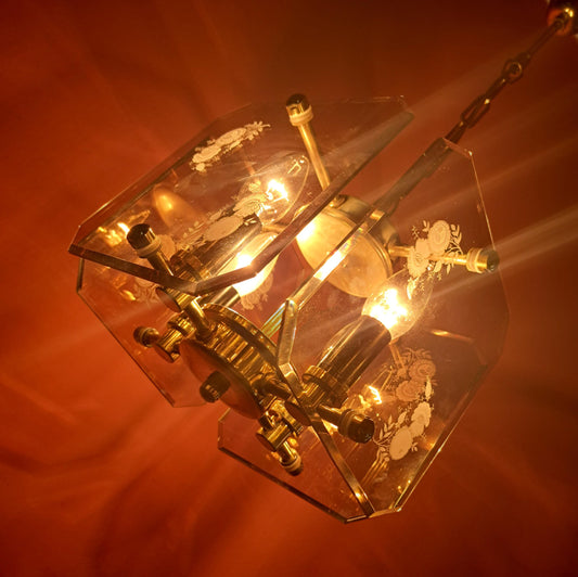 Mid Century Brass Bohemian Smoke Glass Panel Light