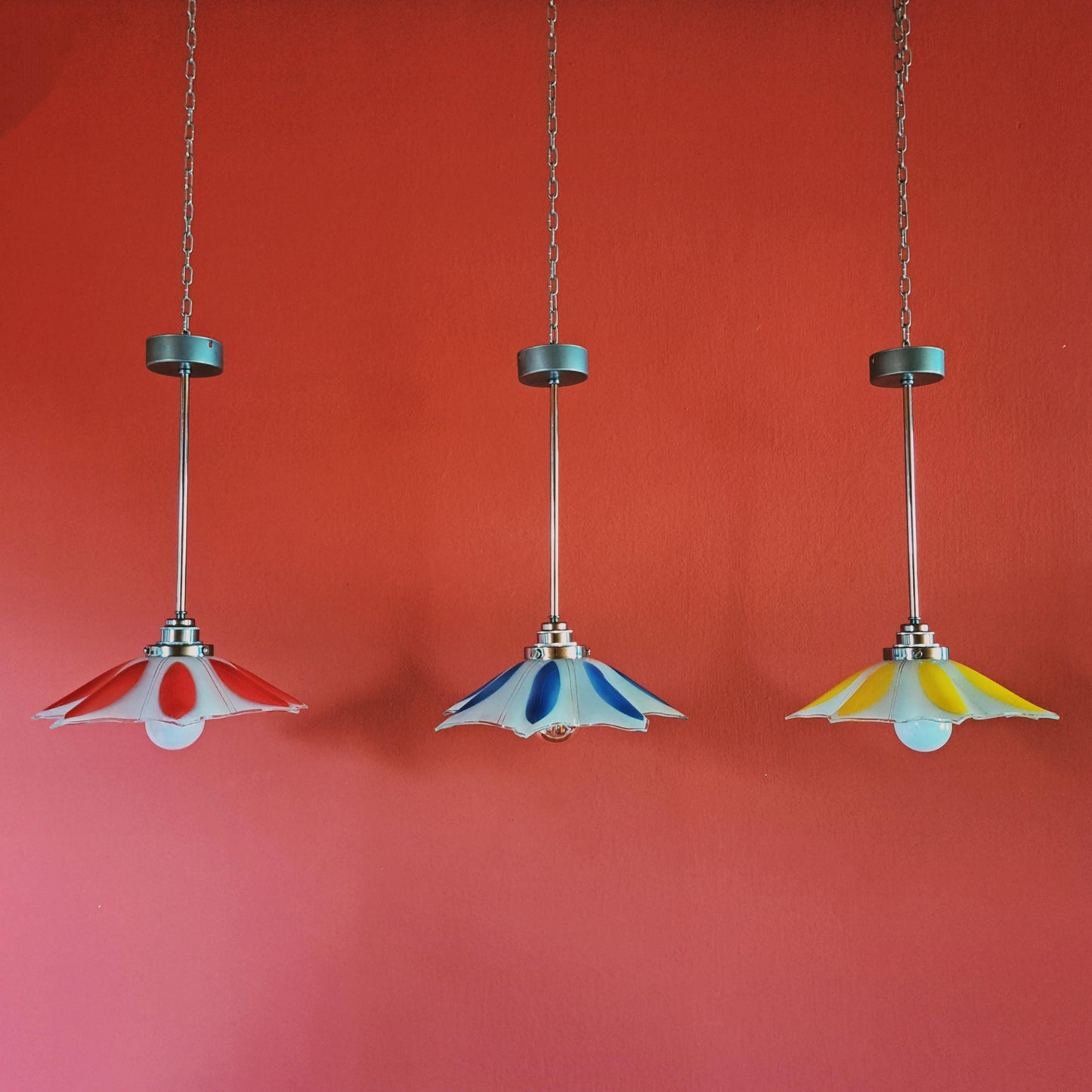 1960s Flower Glass Pendant Lights Red Yellow & Blue