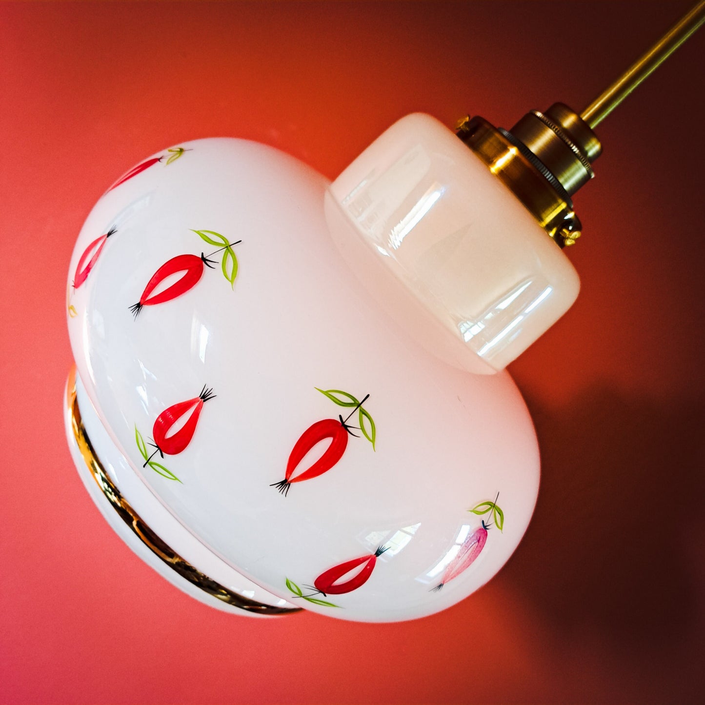 Vintage Opaline Glass Pendant Light: Rose Hip Floral Lampshade