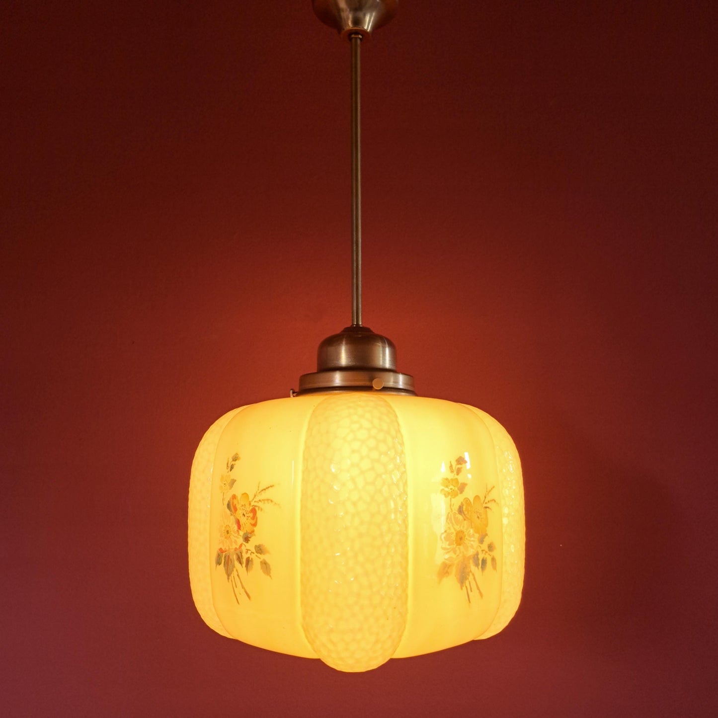 Art Deco Brass & Opaline Glass Pendant Light