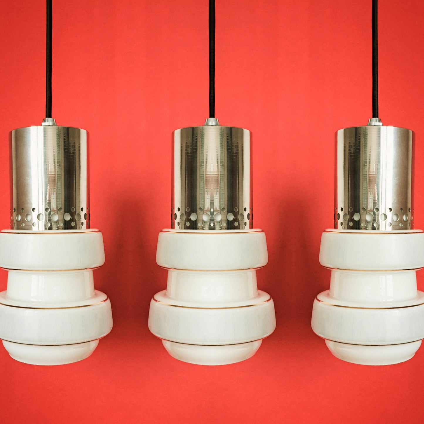 Set of 3 Mid Century Striped Opaline Glass Pendant Lights