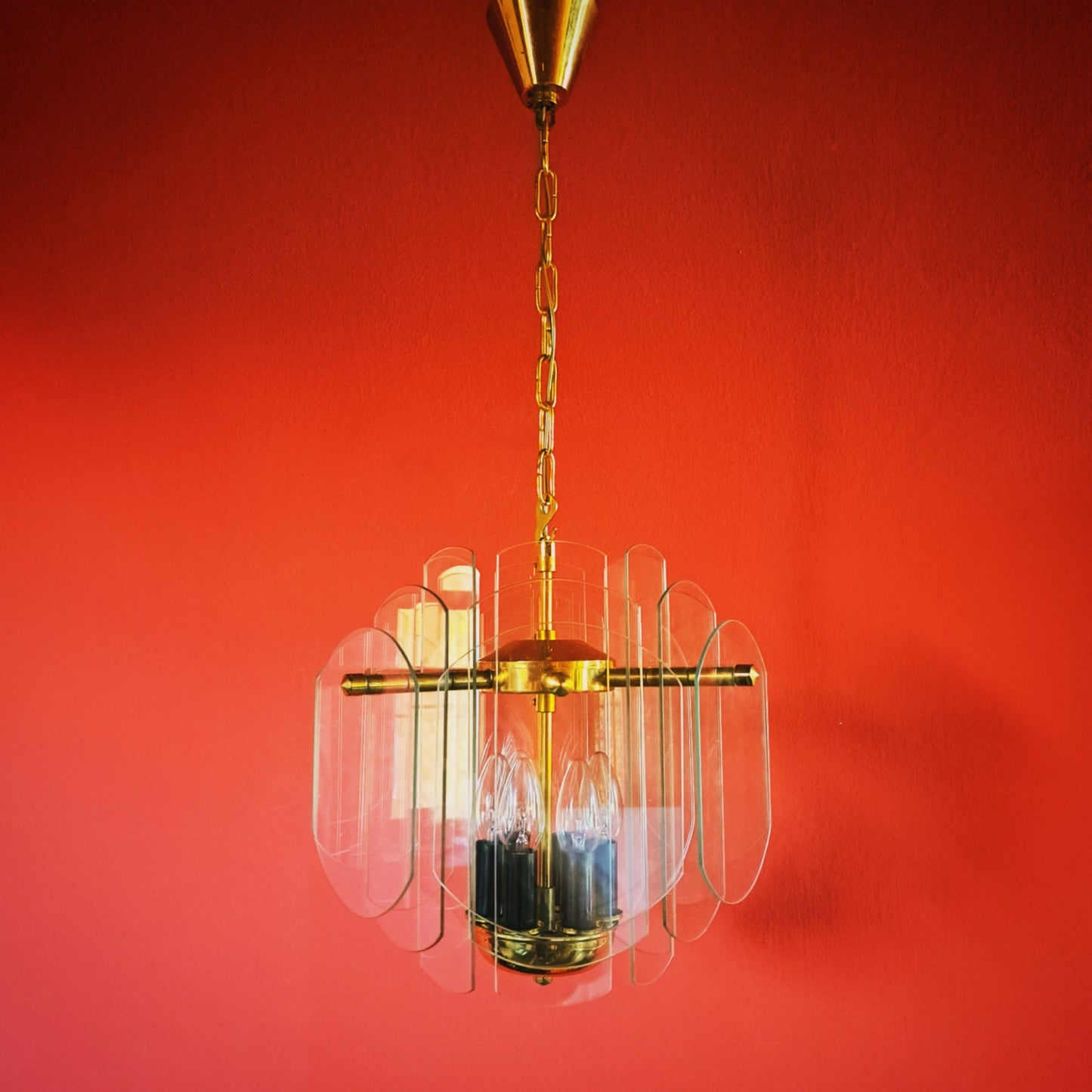 Mid Century Brass & Glass Panel Chandeliers MULTIPLES AVAILABLE