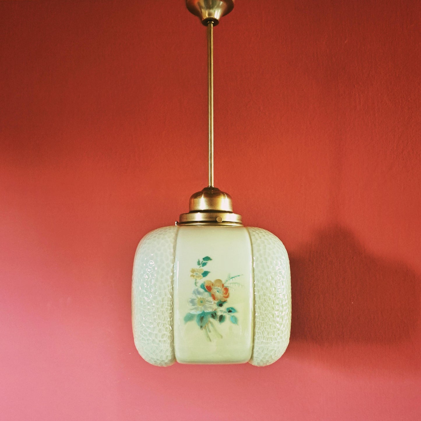 Art Deco Brass & Opaline Glass Pendant Light
