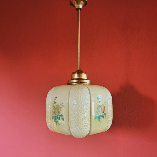 Art Deco Brass & Opaline Glass Pendant Light