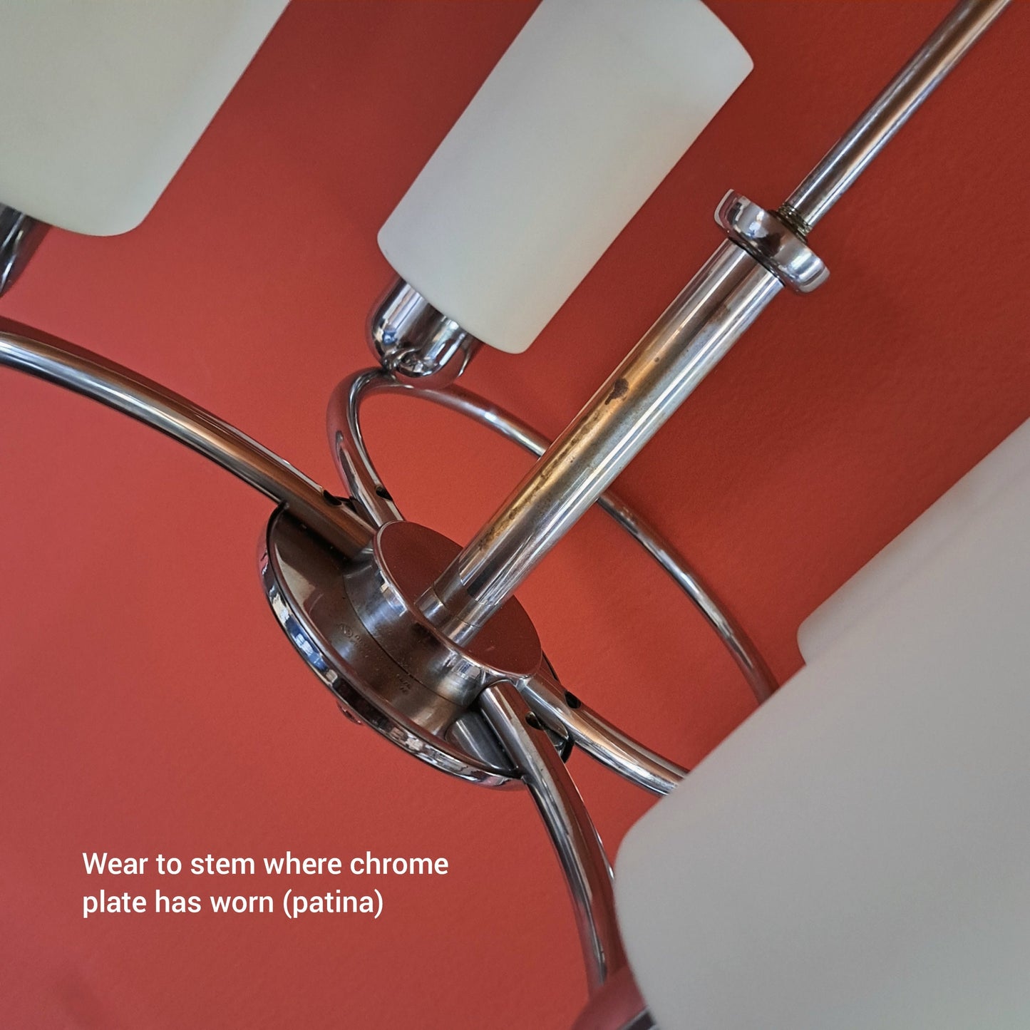 Large 1940s Art Deco Chrome Chandelier w/ Opaline Glass Shades