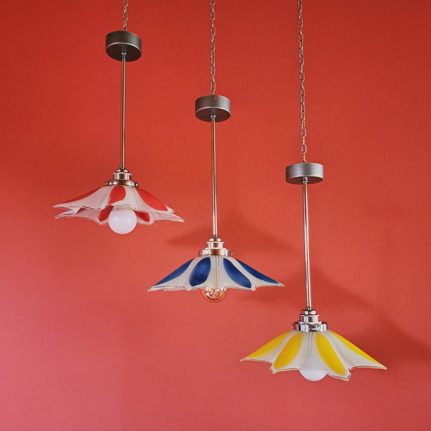 1960s Flower Glass Pendant Lights Red Yellow & Blue