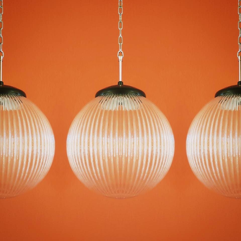 Set of 3 Reeded Glass Globe Pendants Mid-Century Modern Lighting
