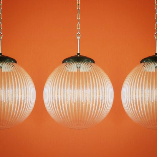 Set of 3 Reeded Glass Globe Pendants Mid-Century Modern Lighting