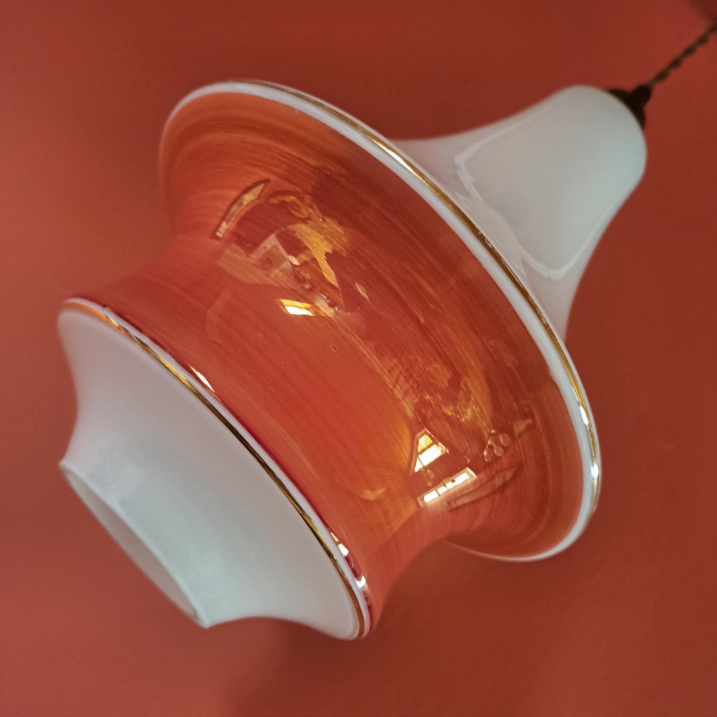 Vintage Pagoda Red & White Opaline Glass Pendant Light