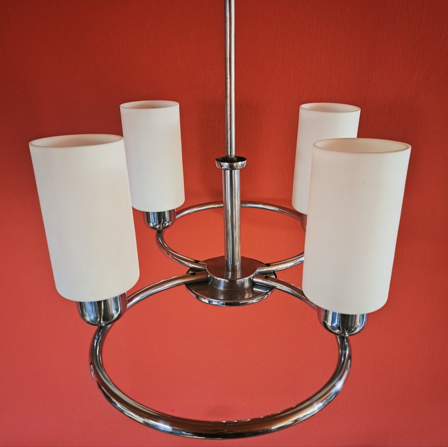 Large 1940s Art Deco Chrome Chandelier w/ Opaline Glass Shades