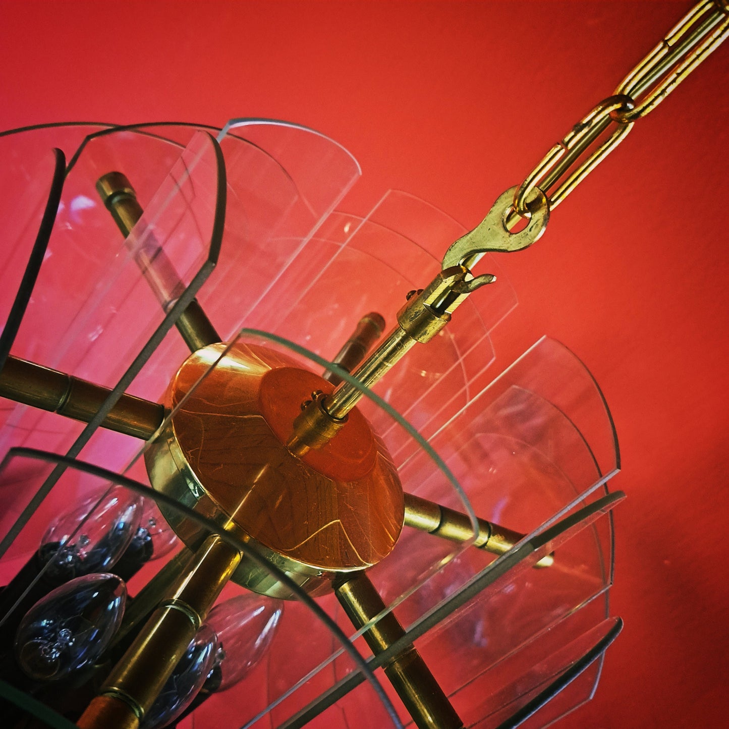 Mid Century Brass & Glass Panel Chandeliers MULTIPLES AVAILABLE