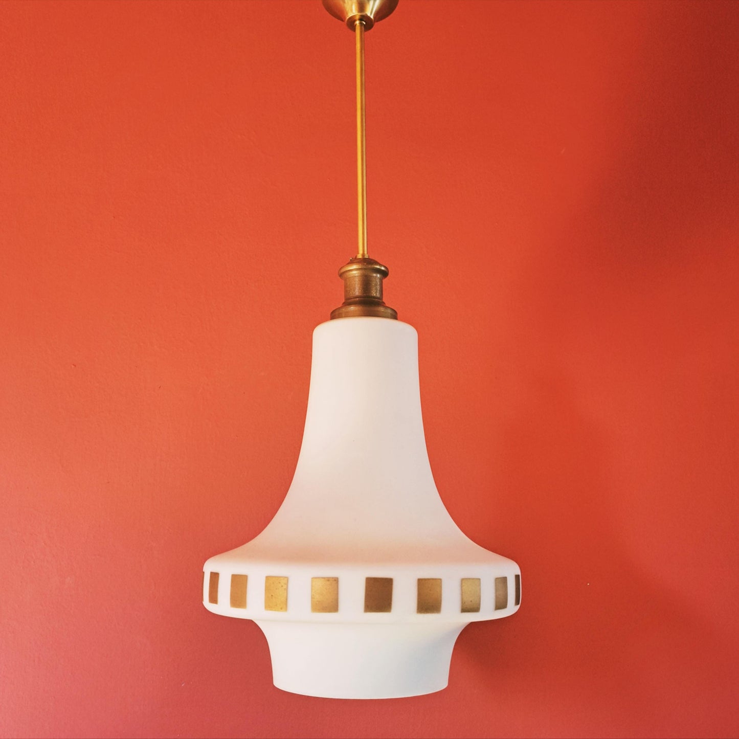 Mid Century Opaline Glass Pendant Light w/ Brass Fittings