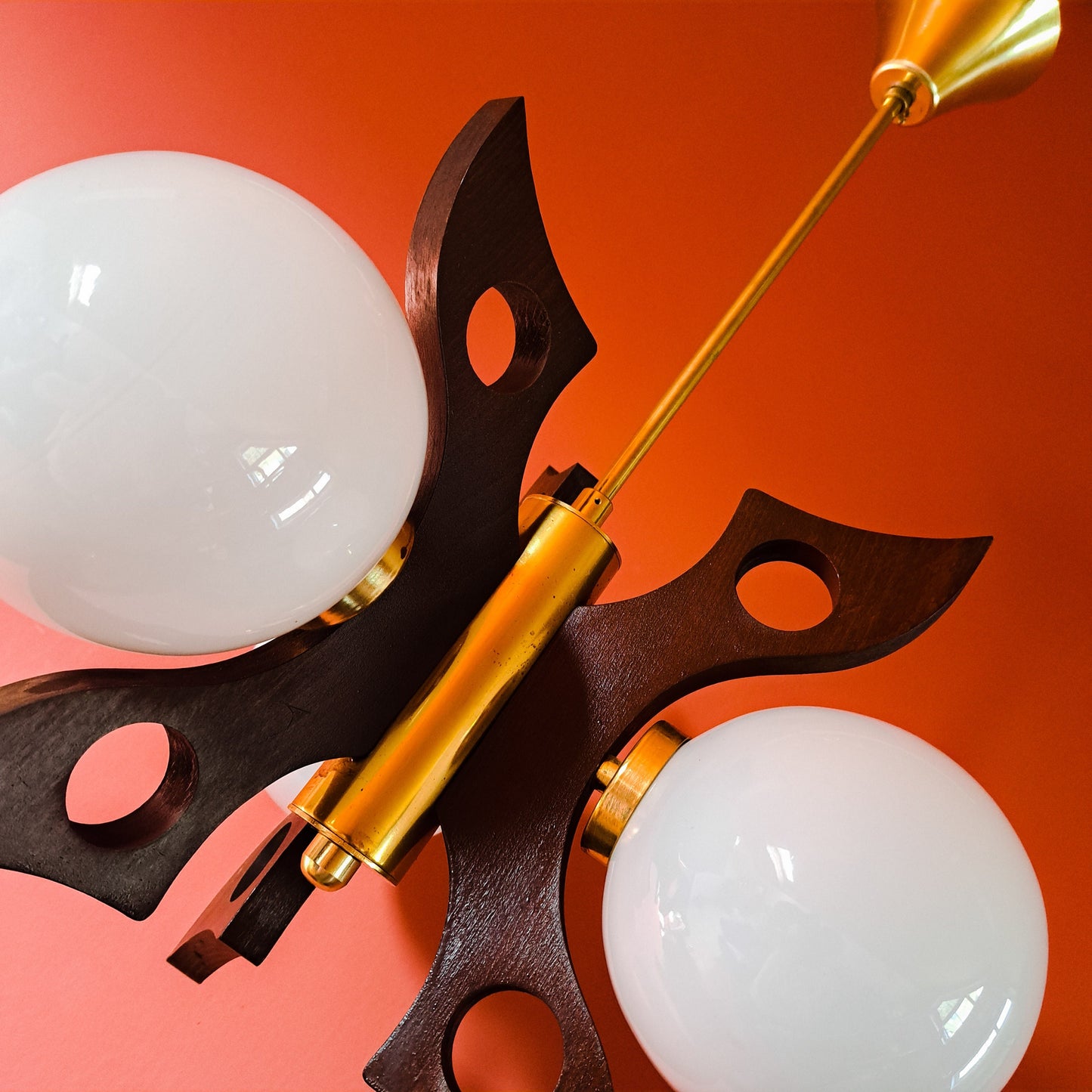 Vintage Opaline Glass Sputnik Chandelier: 1970s Scandinavian Wood & Brass