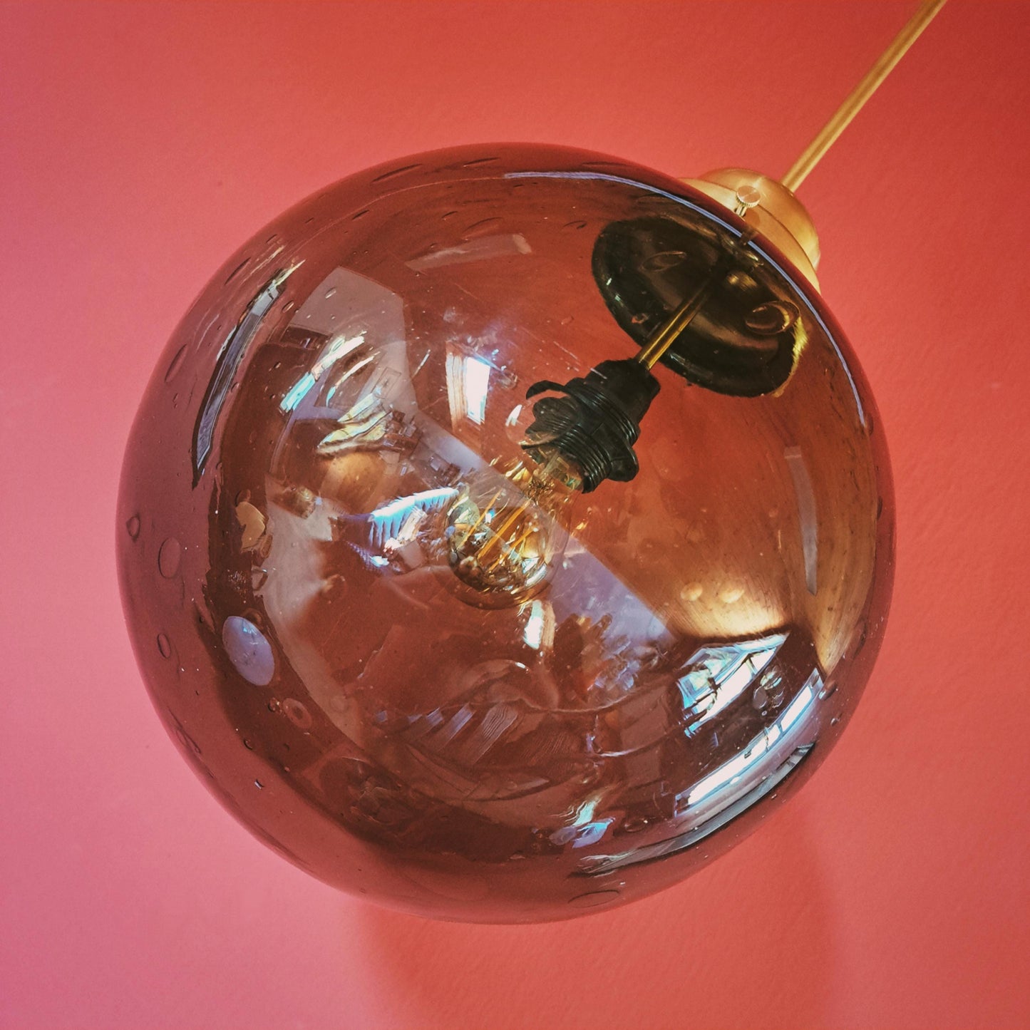 Vintage Dark Glass Globe Pendant Light w/ Brass Fittings