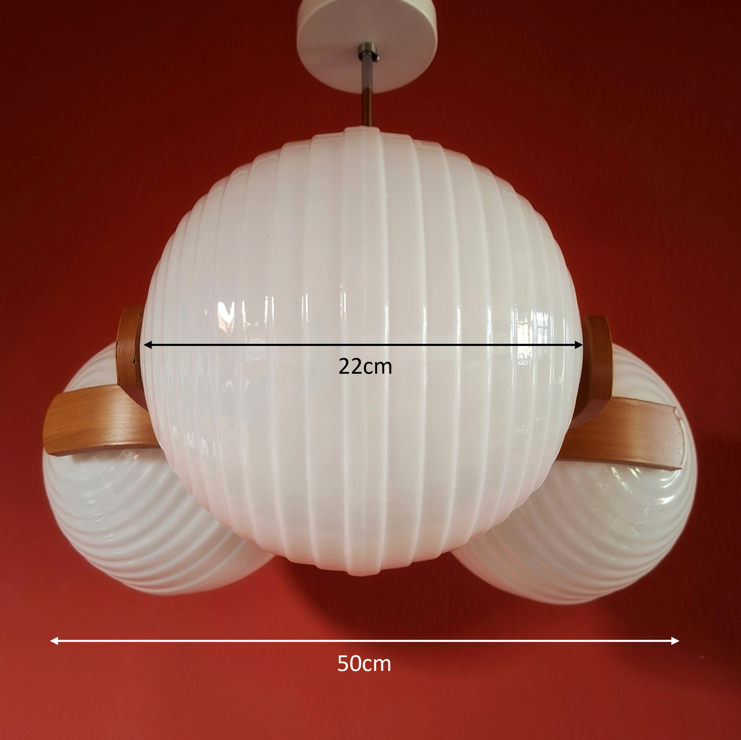 Large Sputnik Wood Pendant Ceiling Light with Opaline Milk Glass Globes