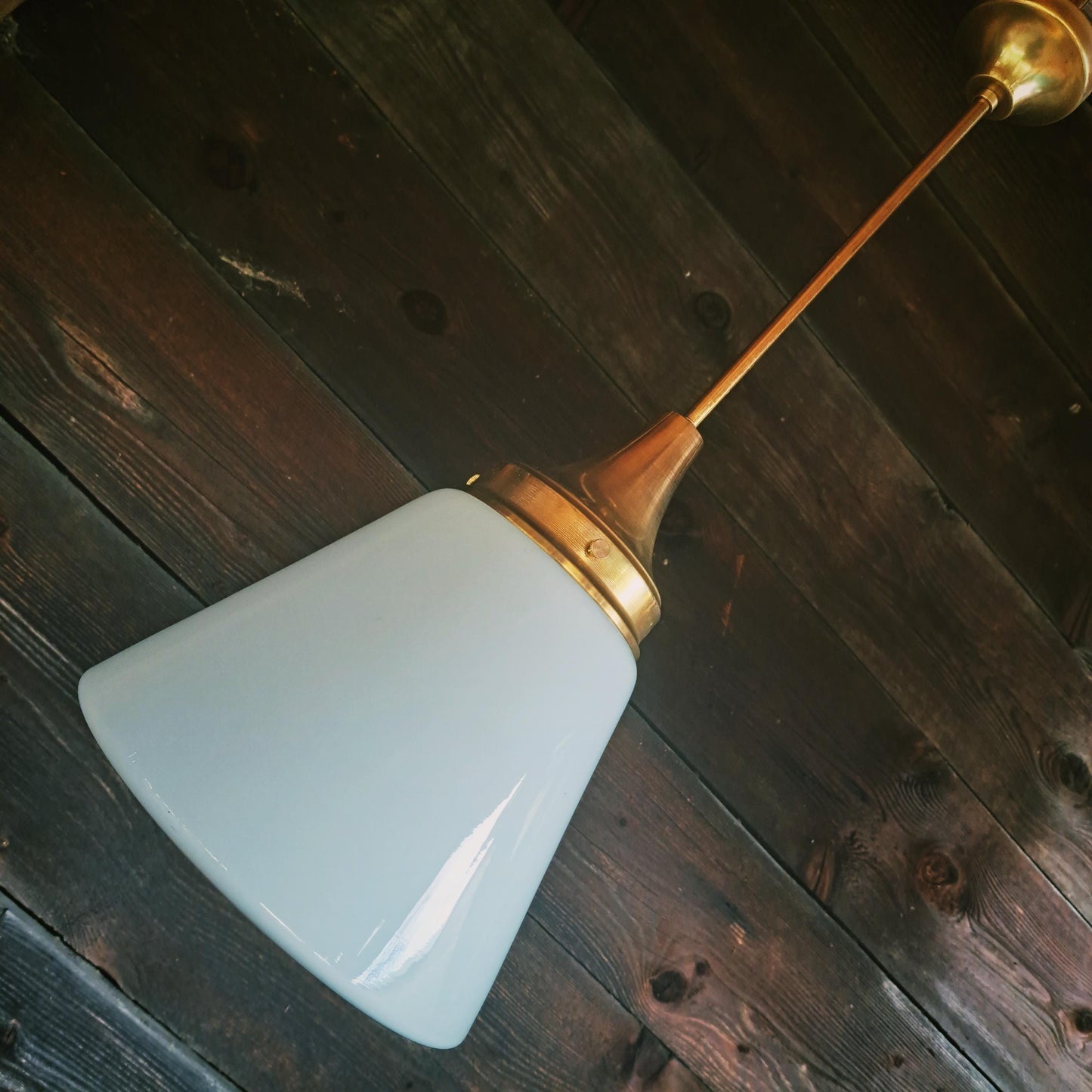Mid Century Brass Opaline Glass Pendant Light