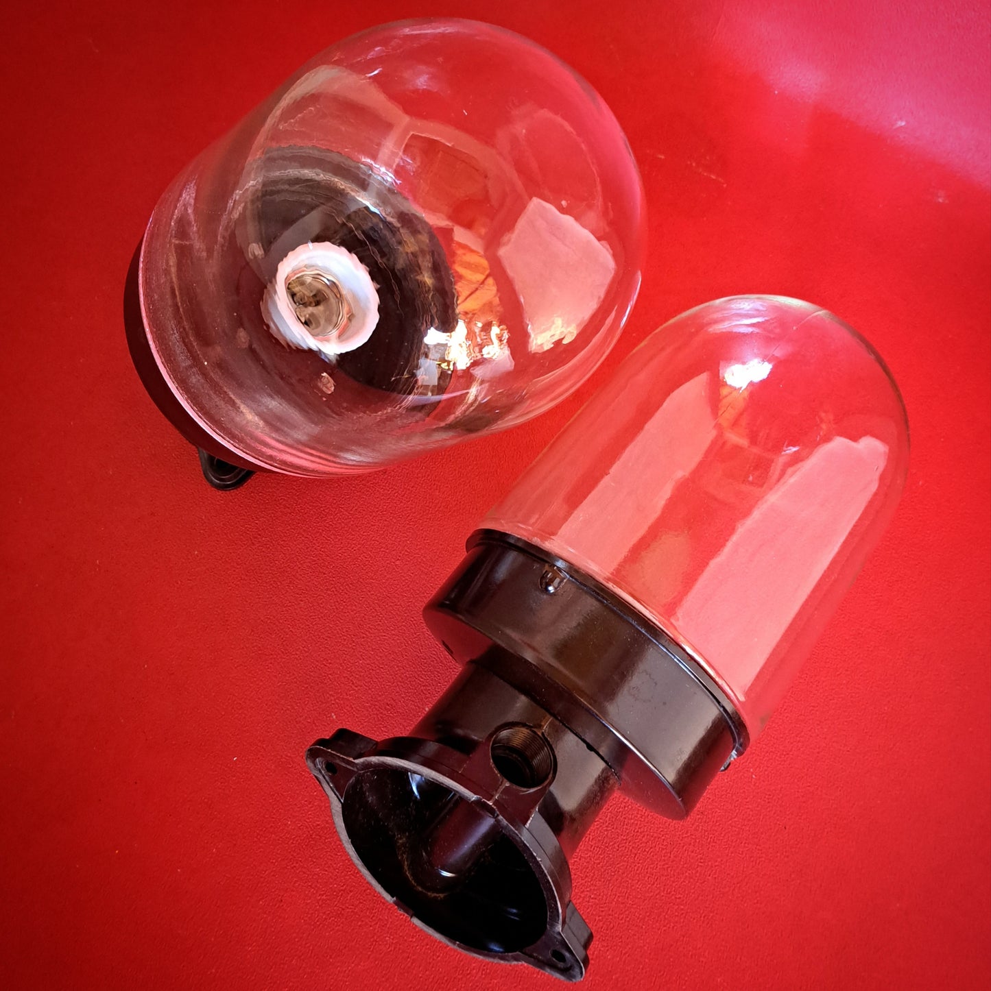 Mid Century Bakelite Clear Glass Dome Industrial Wall Sconce Light
