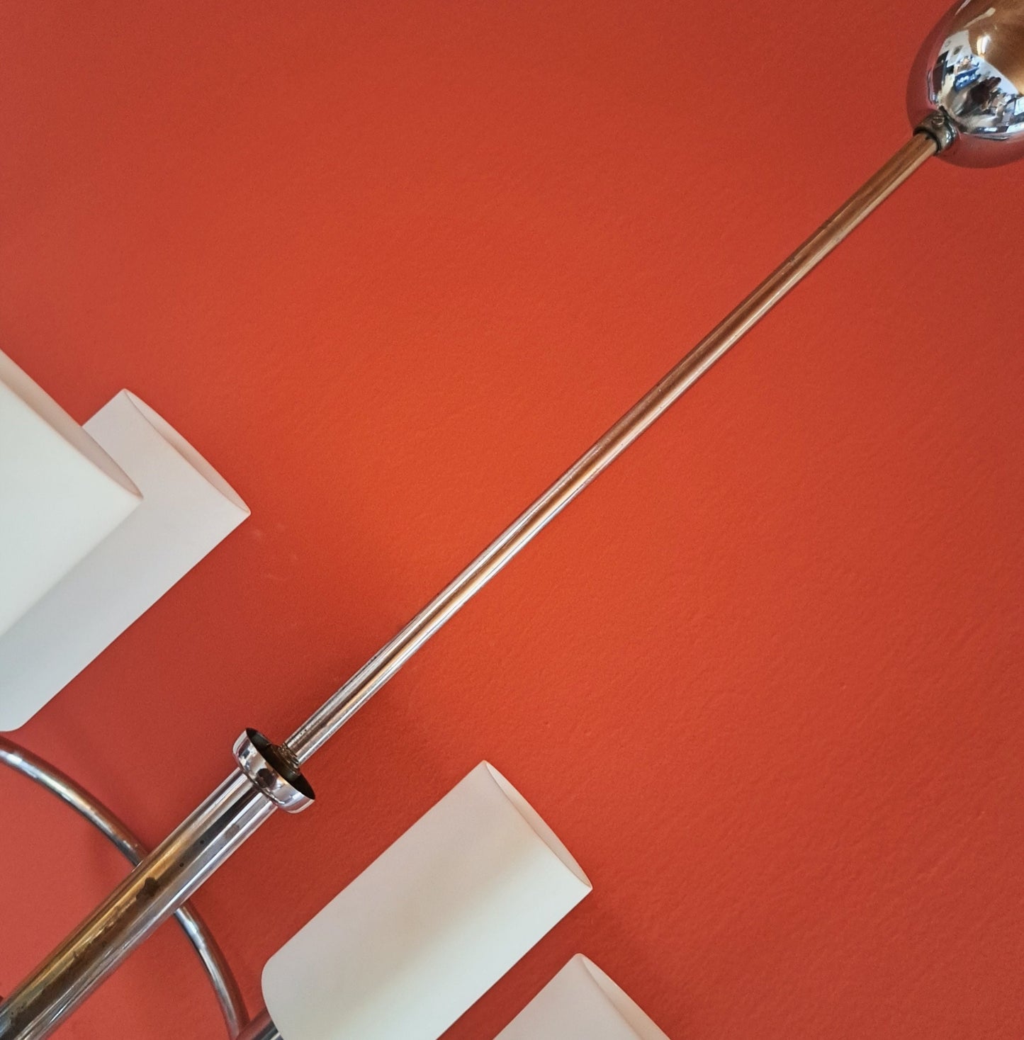 Large 1940s Art Deco Chrome Chandelier w/ Opaline Glass Shades