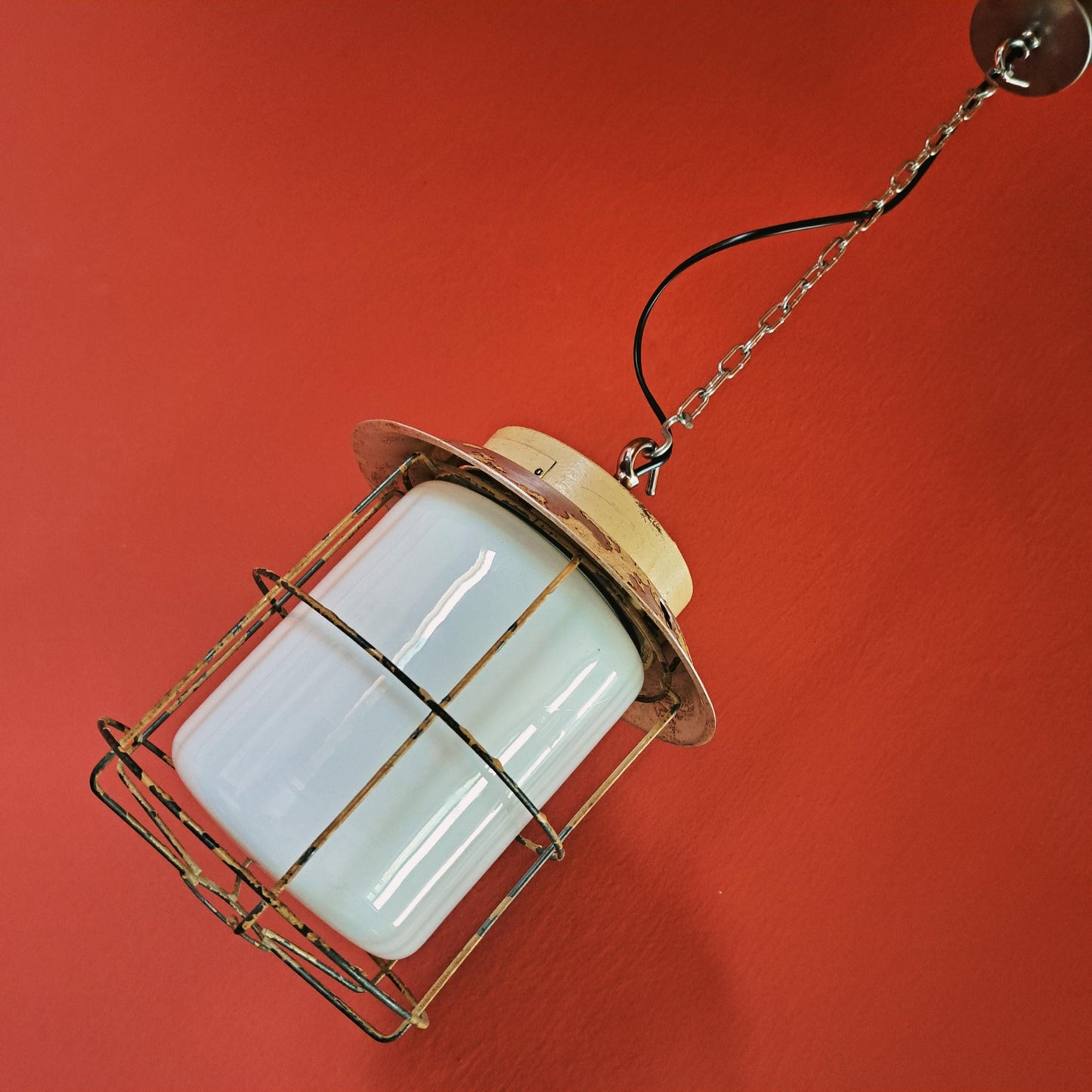 Three Vintage Industrial Opaline Glass Pendant Lights 1970s Czechoslovakia