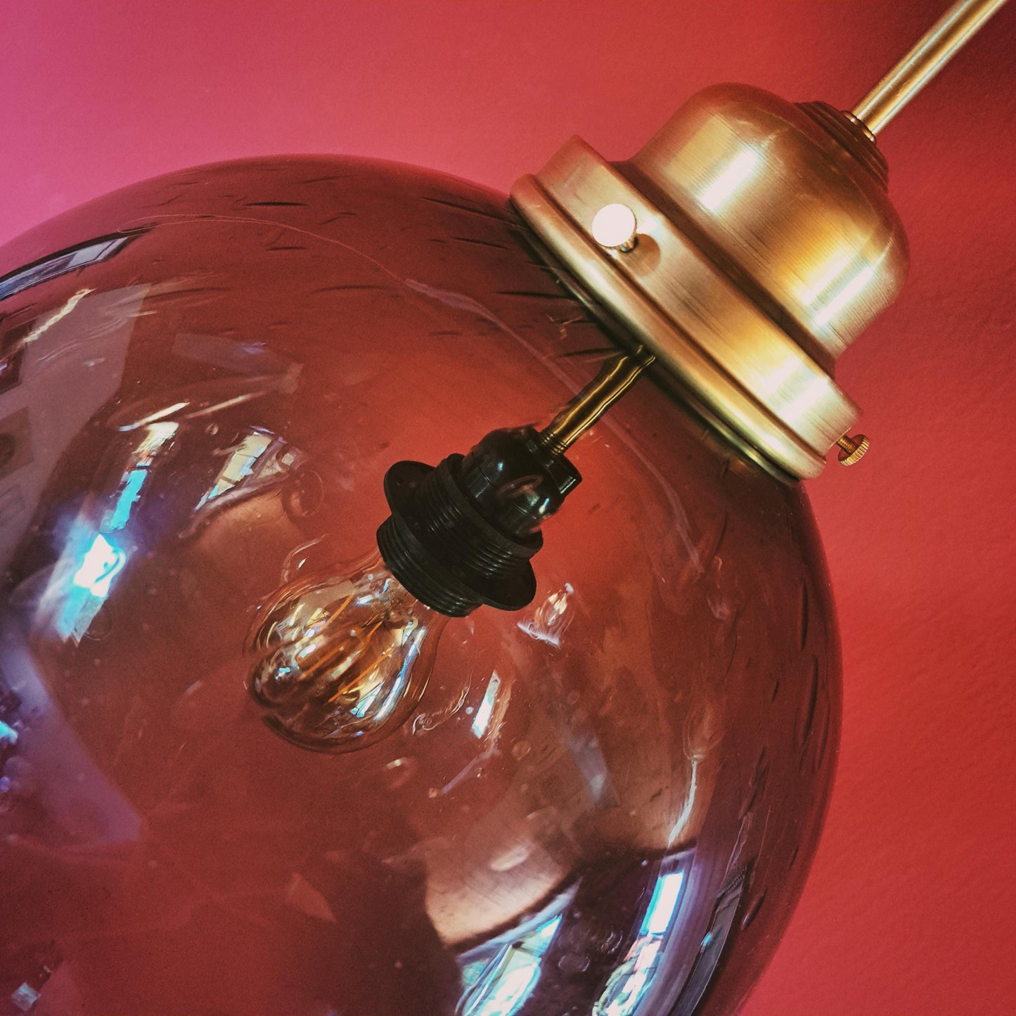 Vintage Dark Glass Globe Pendant Light w/ Brass Fittings