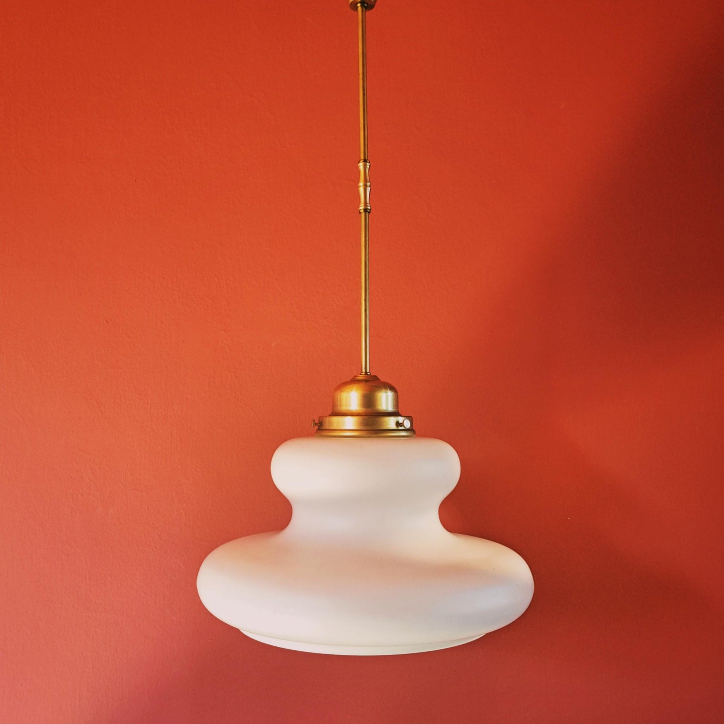 Mid Century Opaline Glass Pendant Light w/ Brass Fittings
